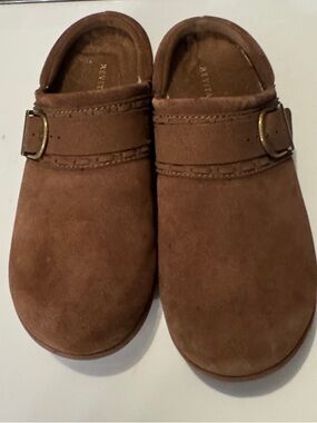 REVITALIGN Chestnut Brown Suede Slip-On Clogs with Decorative Buckle